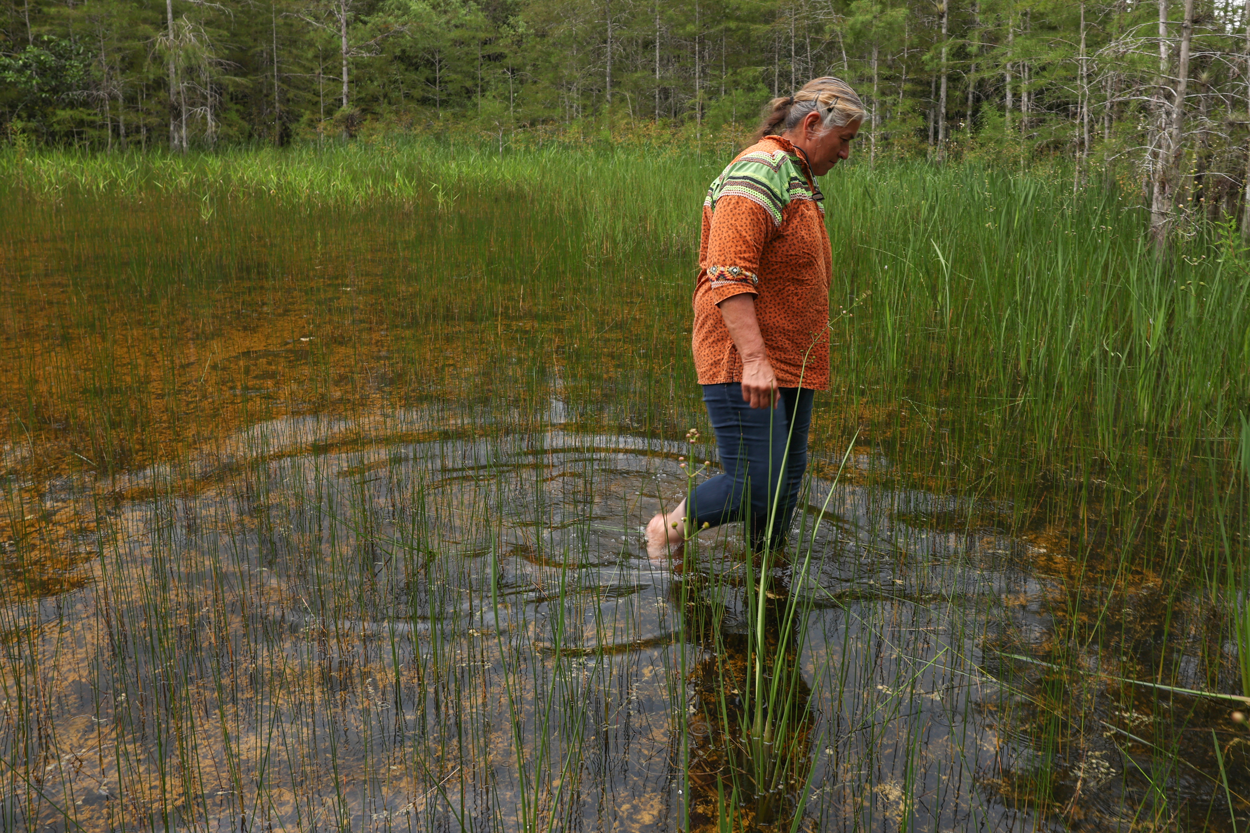 Betty Osceola, a member of the Miccosukee Tribe of Indians of Florida, walks in the Everglades a few yards from the front entrance to Alligator Alcatraz on July 10. Credit: Joe Raedle/Getty Images