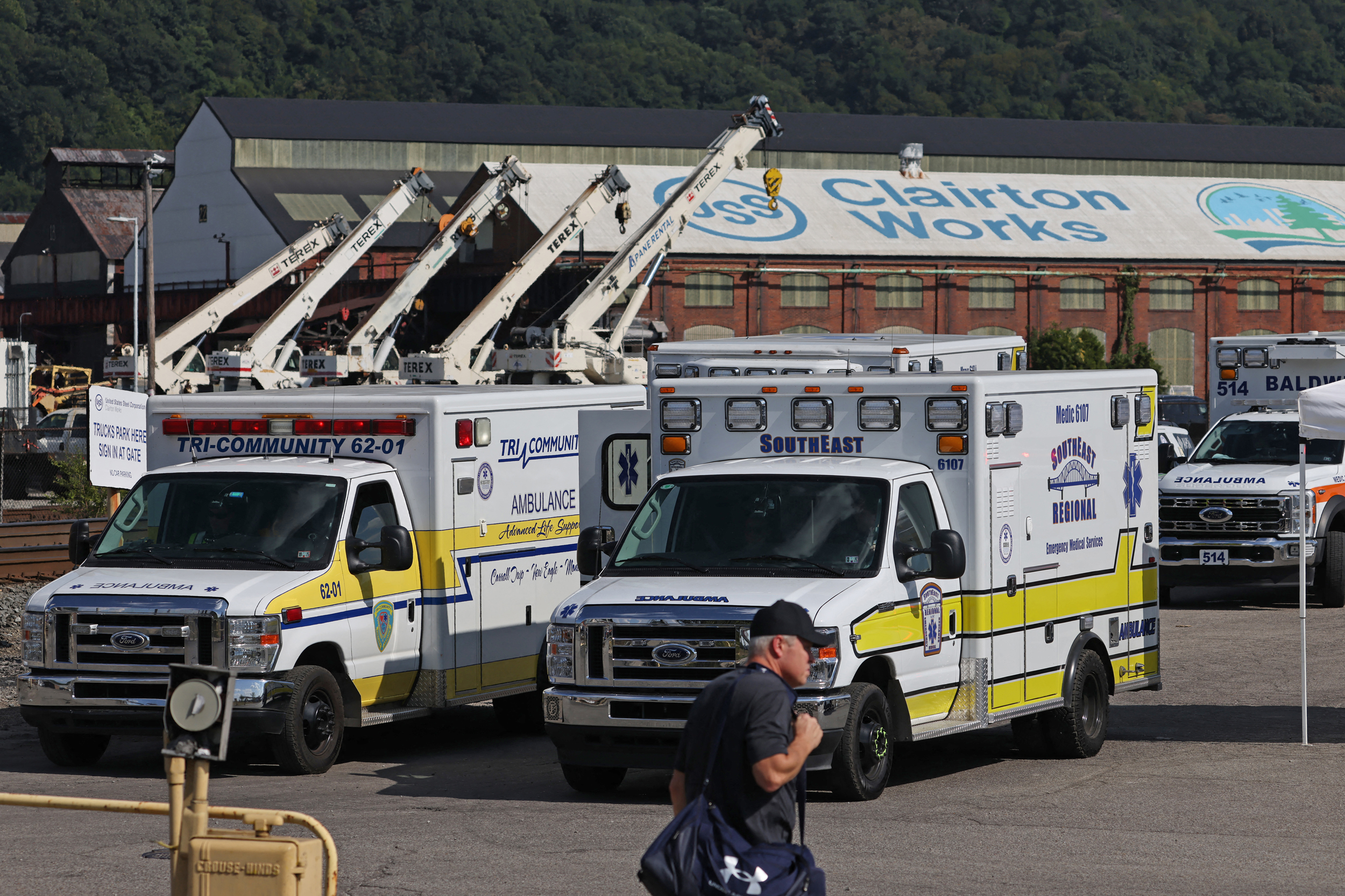 Ambulances respond to an explosion at U.S. Steel’s Clairton Coke Works on Monday in Clairton, Pa. Credit: Rebecca Droke/AFP via Getty Images