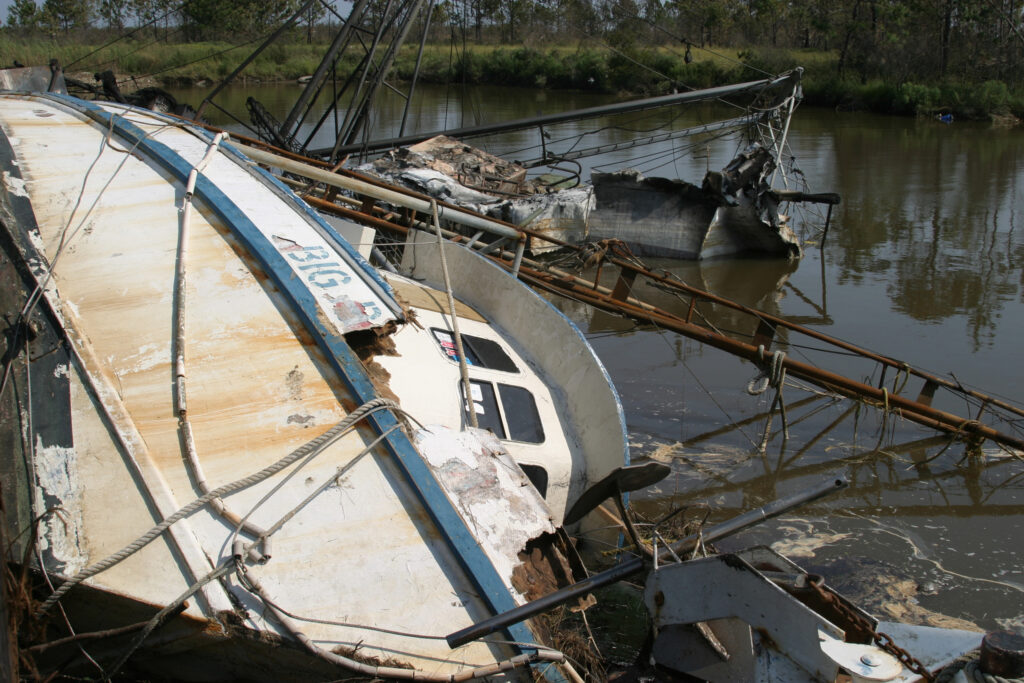 Shrimp boats docked in Bayou La Batre during Hurricane Katrina faced a torrent of wind and rain as well as a storm surge of around 14 feet. Many of the boats in the bayous of south Mobile County were a total loss. Credit: Courtesy of Chris Taylor