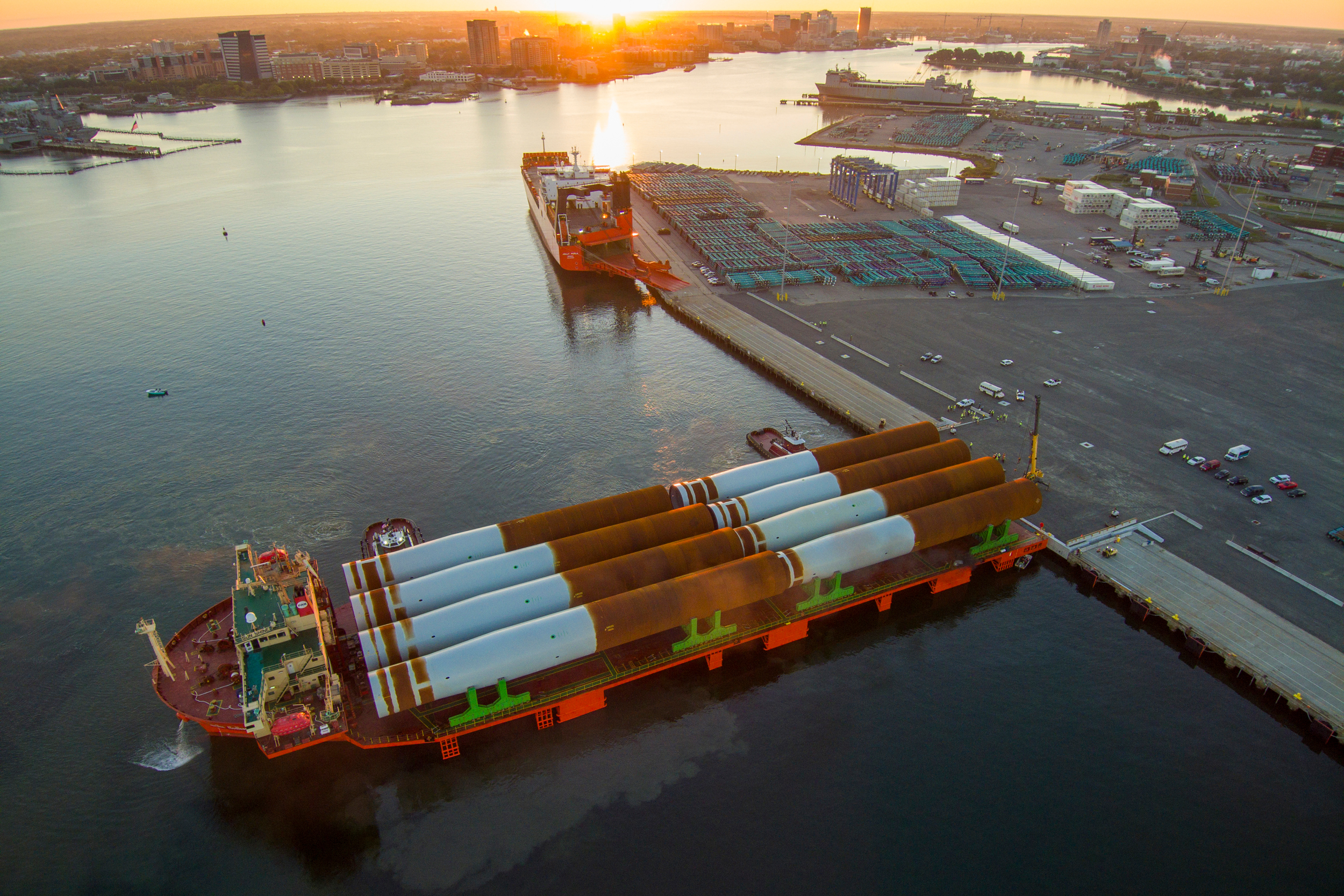 The first monopile foundations for Dominion Energy’s Coastal Virginia Offshore Wind project arrived in Portsmouth, Va., in October 2023. Credit: Courtesy of Dominion Energy