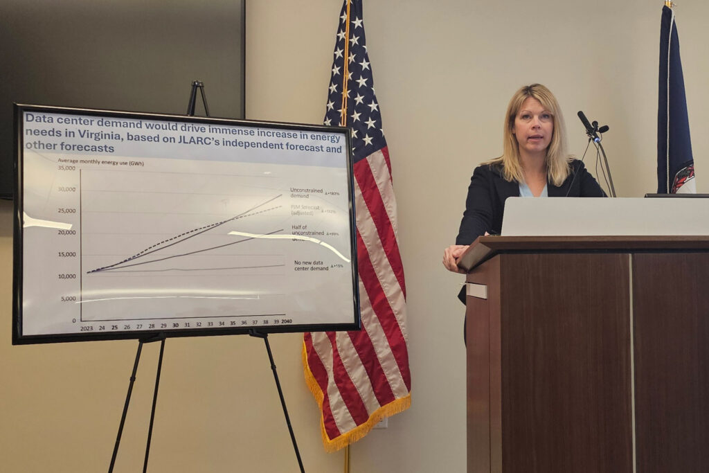 Sen. Russet Perry (D-Loudoun) speaks during a press conference on data center legislation at the start of the 2025 legislation session. Credit: Charles Paullin/Inside Climate News