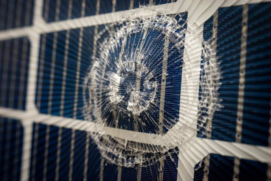This solar panel has been struck by an ice ball during a durability test at the Renewable Energy Test Center in Fremont, Calif. Credit: RETC