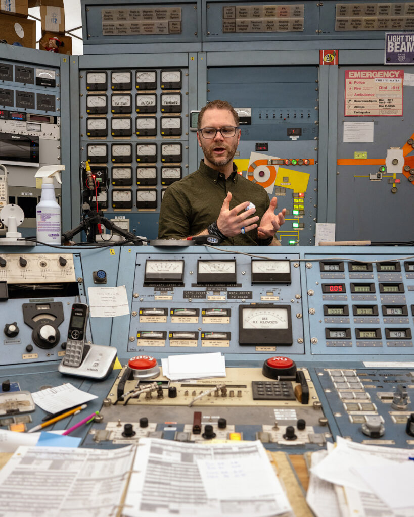 The controls for the Crocker Nuclear Lab date back to the Cold War era. Here, scientists can monitor and control the proton beam.