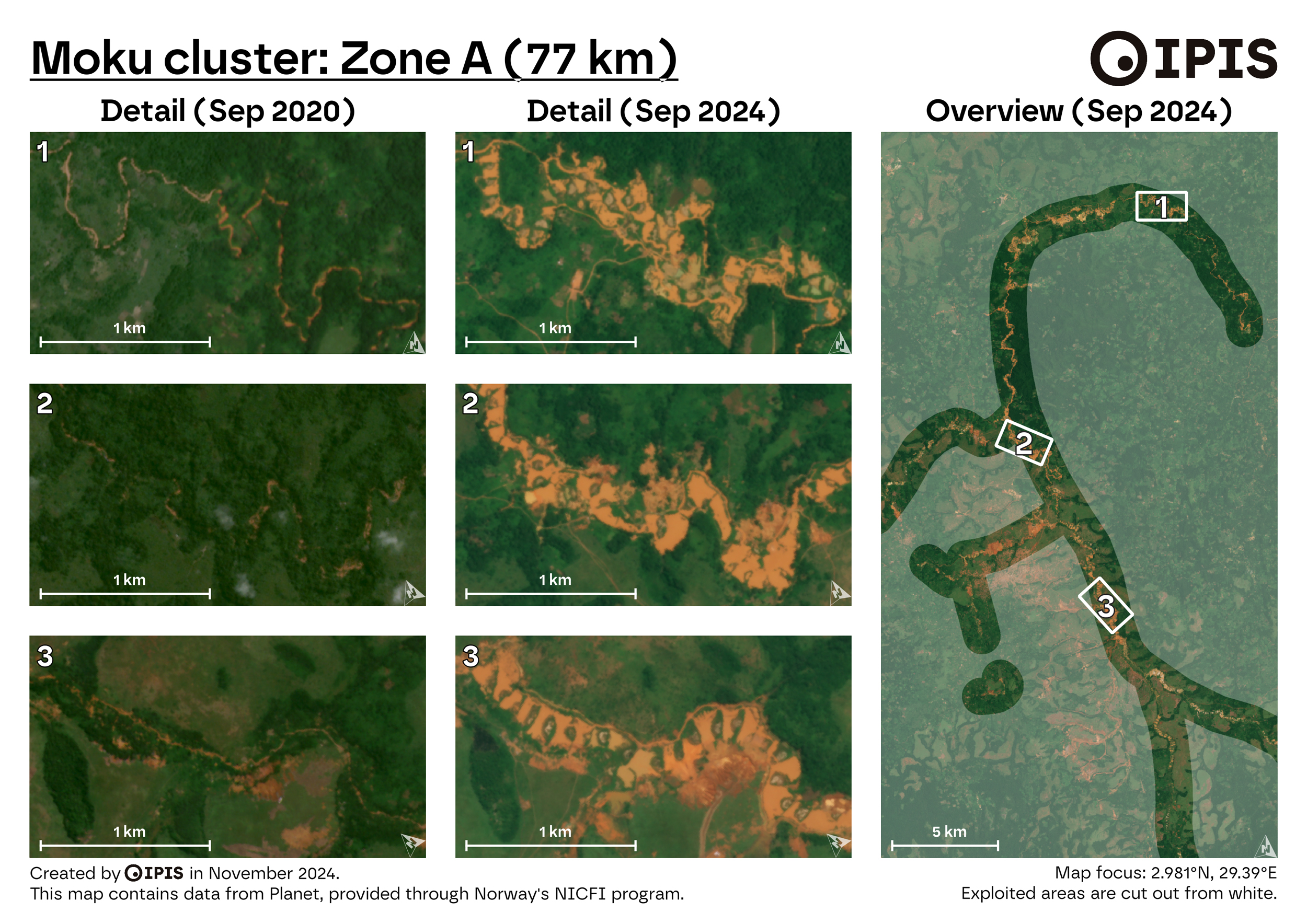 Satellite images of an area around the town of Moku in the DRC reveal significant environmental damage. The images highlight 77 kilometers of destruction to watercourses and their banks from semi-industrial gold mining. Across the encompassing Haut-Uélé province, more than 250 kilometers of rivers and creeks were damaged between September 2020 and September 2024. Credit: Courtesy of PAX