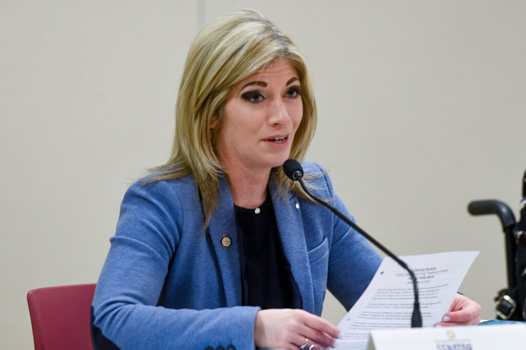 Pennsylvania state Sen. Katie Muth speaks during a hearing at Reading Area Community College on Dec. 6, 2021. Credit: Ben Hasty/MediaNews Group/Reading Eagle via Getty Images