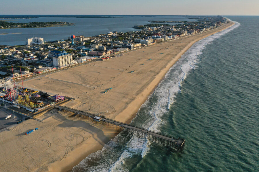 An aerial view of the Ocean City inlet and boardwalk in Maryland. Credit: Patrick Smith/Getty Images
