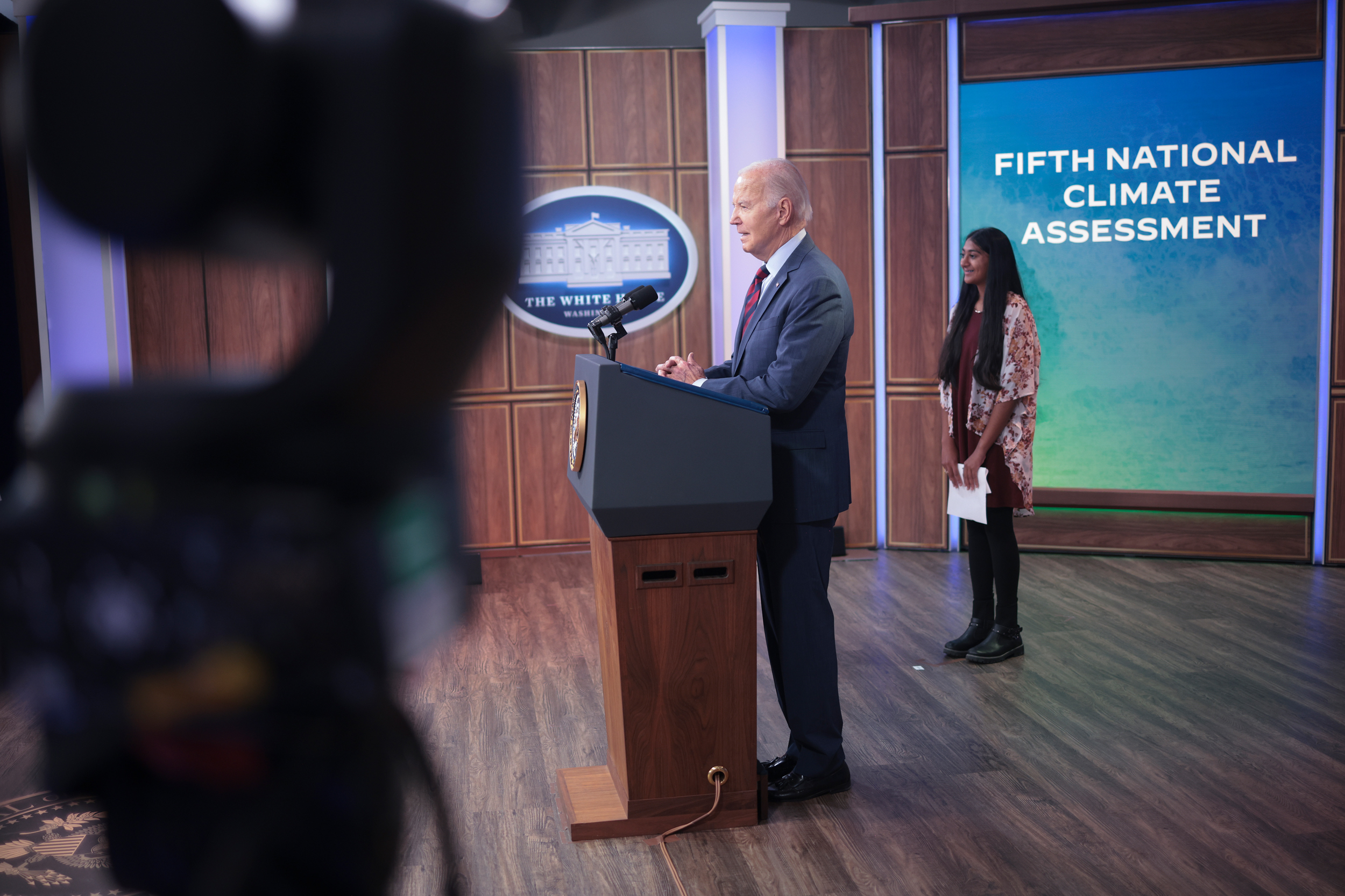 President Joe Biden delivers remarks about the Fifth National Climate Assessment during a climate event at the White House in 2023. Credit: Win McNamee/Getty Images