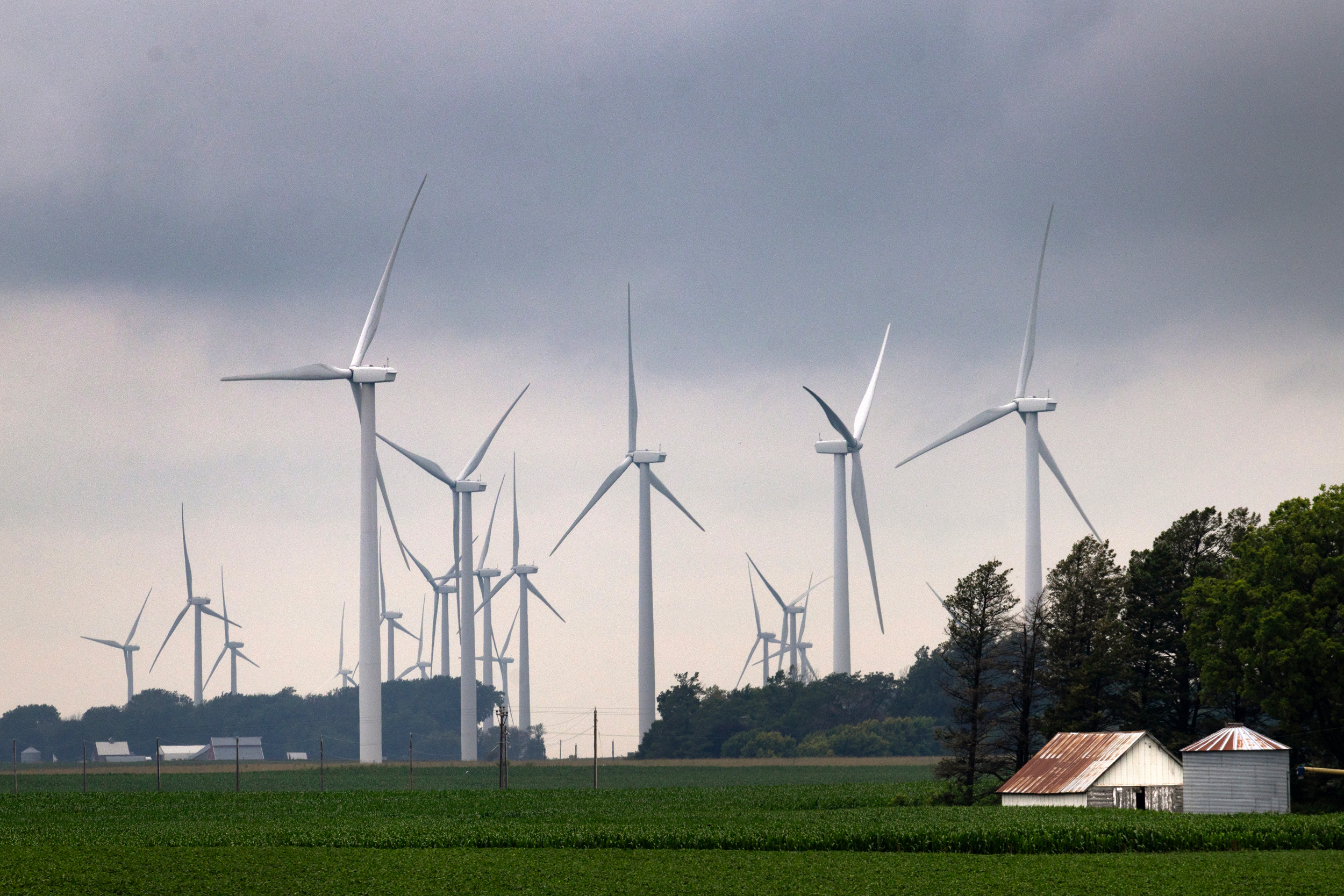 Wind turbines tower over a rural landscape on July 5 near Pomeroy, Iowa. Credit: Scott Olson/Getty Images