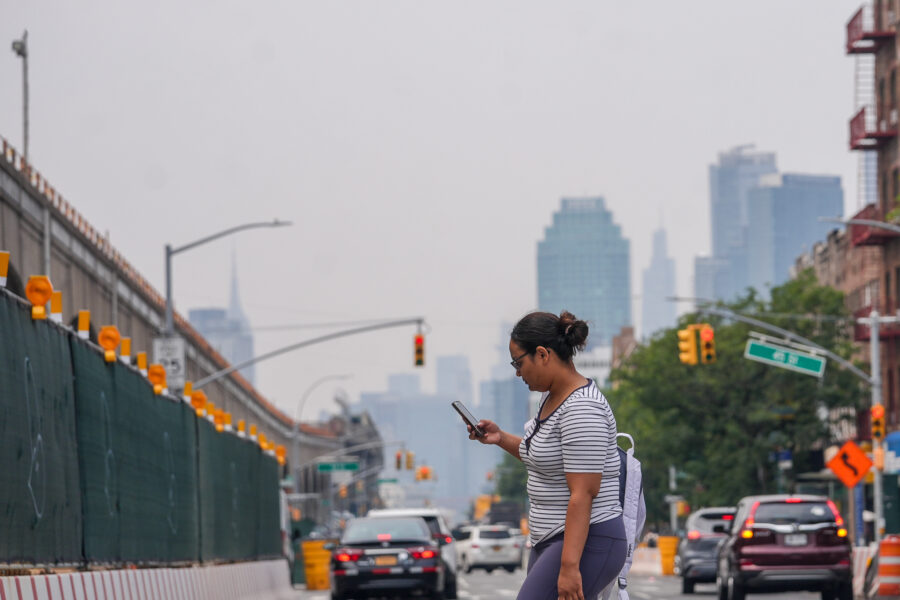 A thick haze blankets New York City as smoke from Canadian wildfires impacts air quality on August 5. Credit: Selcuk Acar/Anadolu via Getty Images