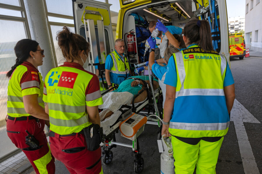 Madrid’s Emergency Medical Service workers transfer a prisoner from Valdemoro prison to Infanta Elena Hospital after he suffered heat stroke amid a heat wave in Spain. Credit: Pierre-Philippe Marcou/AFP via Getty Images