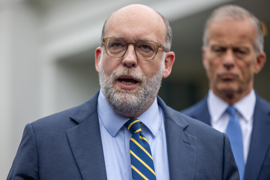 Russell Vought, director of the Office of Management and Budget, speaks during a press conference following a meeting between President Trump and Congressional Democratic leaders on Monday in Washington, D.C. Credit: Nathan Posner/Anadolu via Getty Images