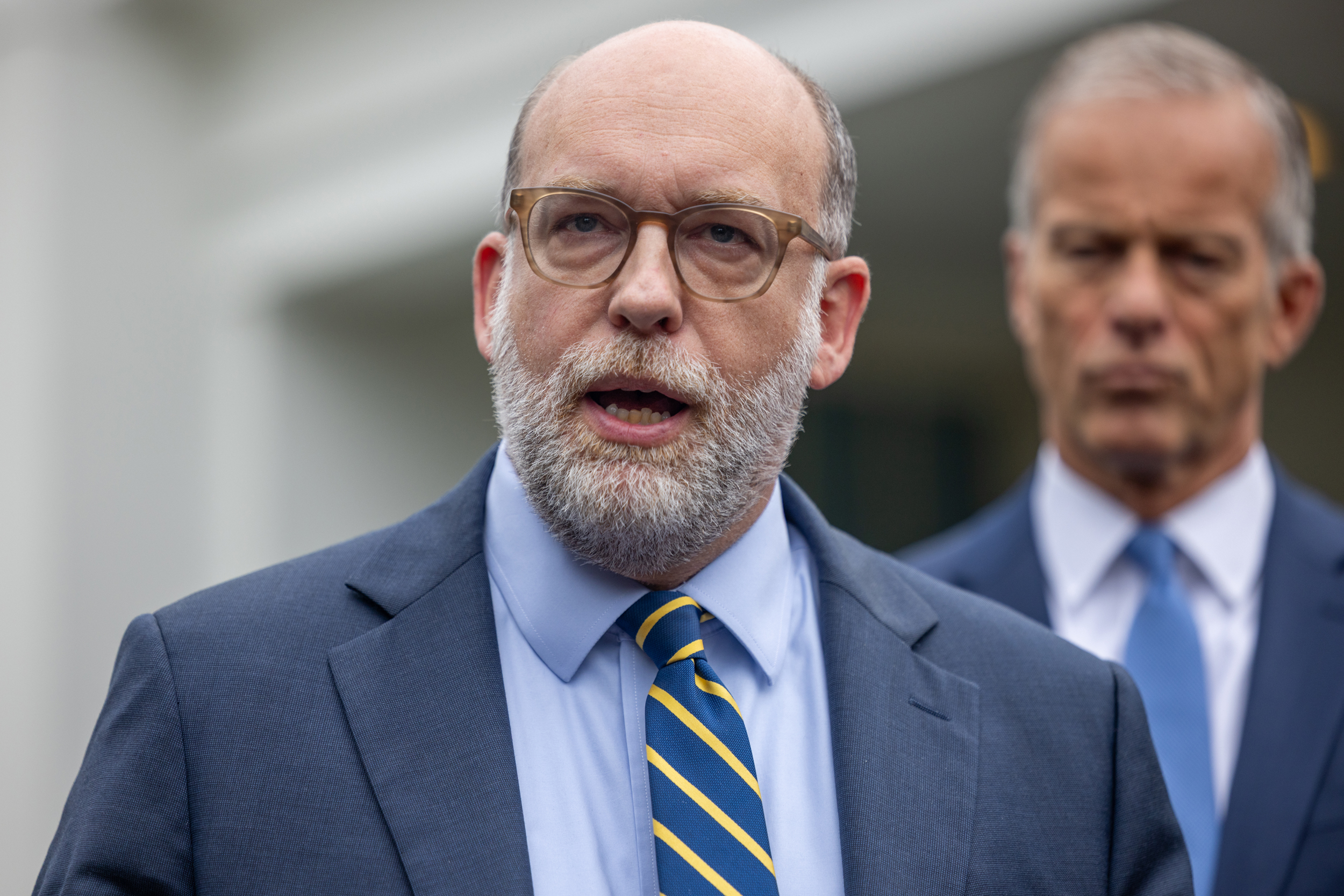 Russell Vought, director of the Office of Management and Budget, speaks during a press conference following a meeting between President Trump and Congressional Democratic leaders on Monday in Washington, D.C. Credit: Nathan Posner/Anadolu via Getty Images