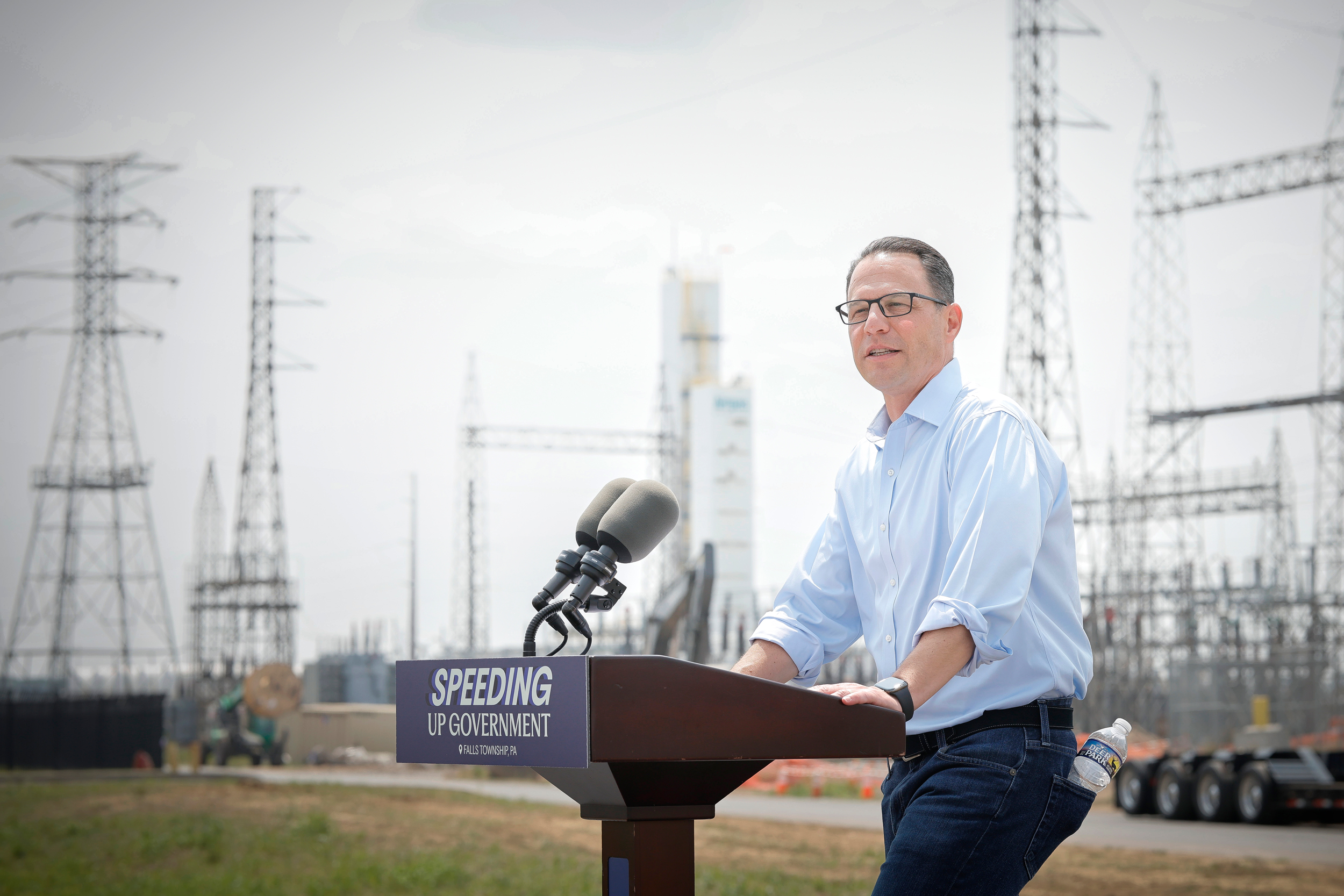 Pennsylvania Gov. Josh Shapiro speaks in front of the Keystone Trade Center during a press conference on Aug. 7 in Falls Township, Pa.