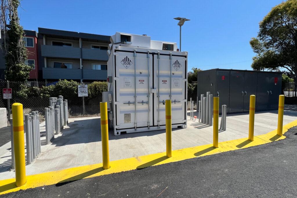 Battery storage and EV charging stations at Glad Tidings’ new Community Decarbonization Hub. Credit: Nicole J. Caruth