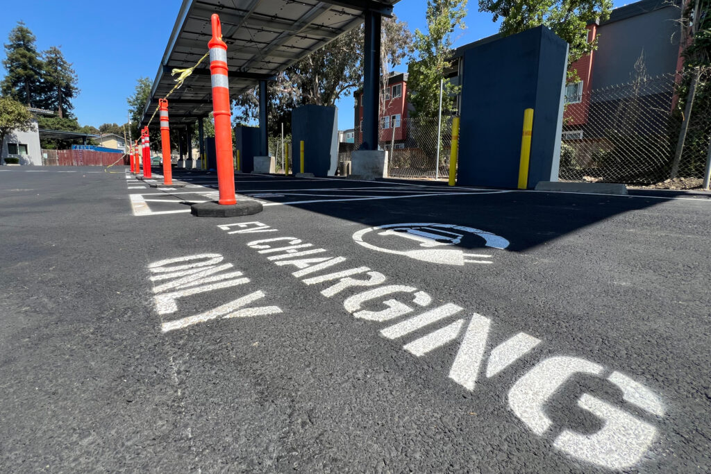 Battery storage and EV charging stations at Glad Tidings’ new Community Decarbonization Hub. Credit: Nicole J. Caruth