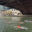 People in blue swim caps and neon orange buoys swim under a bridge in the Chicago River past people in kayaks
