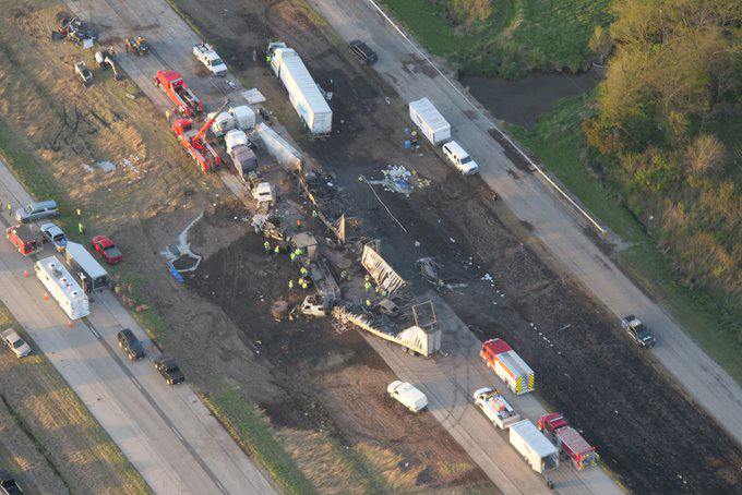 An aerial view of some of the wreckage on Interstate 55 after the May 2023 dust storm hit central Illinois. Credit: Courtesy of the Illinois State Police