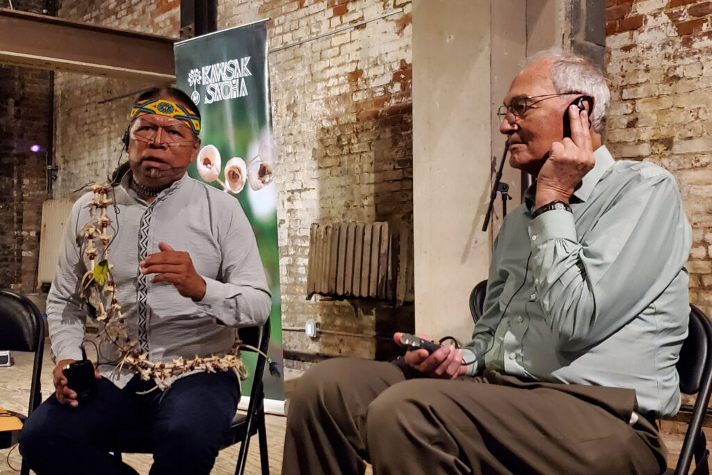 José Gualinga, a leader of the Kichwa people of Sarayaku, and climate scientist William Moomaw met in September 2023 to release a joint declaration from the Sarayaku community and scientists in New York City. Credit: Courtesy of Gillian Davies