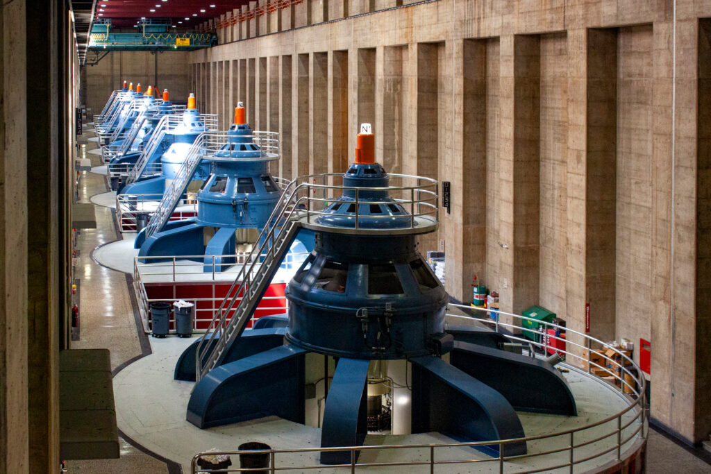 Eight turbines line the Nevada side of Hoover Dam’s powerhouse. Credit: Brett Walton/Circle of Blue