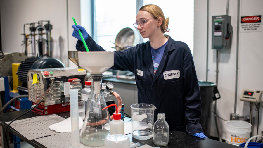 An employee with EnergyX, an Austin-based lithium startup, works in the company’s laboratory on Oct. 7. Credit: Sergio Flores/The Texas Tribune