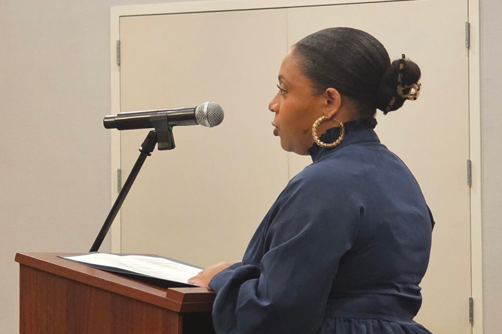 Del. Destiny LeVere Bolling (D-Richmond) speaks at the second Virginia Department of Environmental Quality public hearing on Oct. 8. Credit: Charles Paullin/Inside Climate News