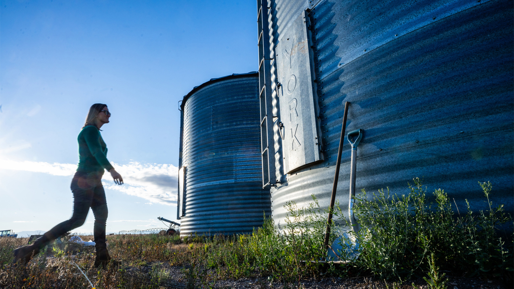 Sarah Jones approaches a Ryman Rye grain silo owned by Jones Farms Organics in the San Luis Valley. Credit: Hart Van Denburg/CPR News