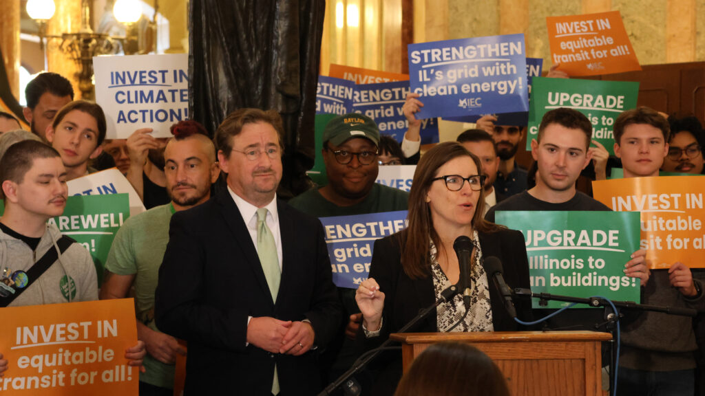 Democratic state Rep. Ann Williams, a sponsor of the CRGA Act, addresses the crowd in the state Capitol Building on Wednesday. Credit: Andrew Montequin/Inside Climate News