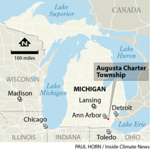 A locator map showing Augusta Charter Township, which is southeast of Ann Arbor