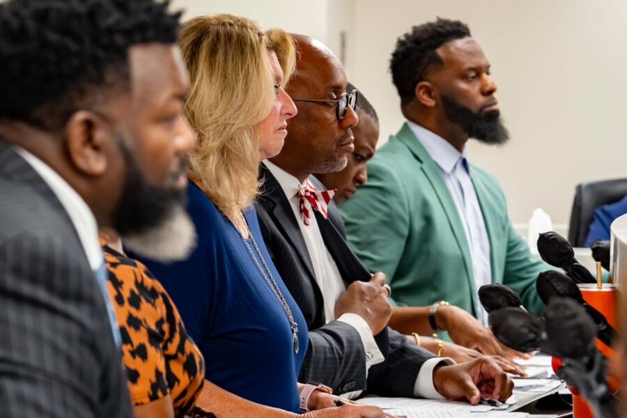 Bessemer City Council members listen as residents express their concerns about a proposed hyperscale data center during a July meeting. Credit: Lee Hedgepeth/Inside Climate News