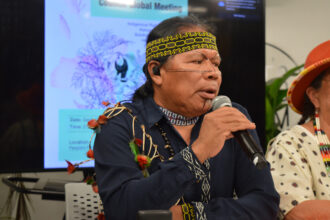José Gualinga, a leader of the Kichwa People of Sarayaku, speaks at an Indigenous council event in New York City on Sept. 22. Credit: Courtesy of GARN
