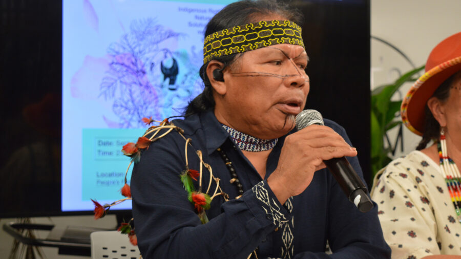 José Gualinga, a leader of the Kichwa People of Sarayaku, speaks at an Indigenous council event in New York City on Sept. 22. Credit: Courtesy of GARN