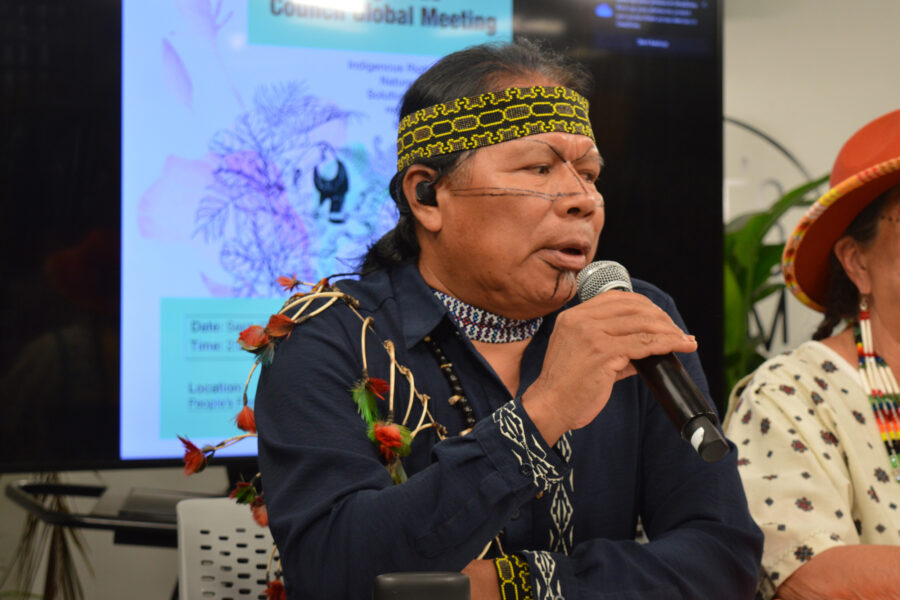 José Gualinga, a leader of the Kichwa People of Sarayaku, speaks at an Indigenous council event in New York City on Sept. 22. Credit: Courtesy of GARN