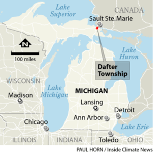 A locator map showing Dafter Township, which is right by the border with Canada near Lake Superior