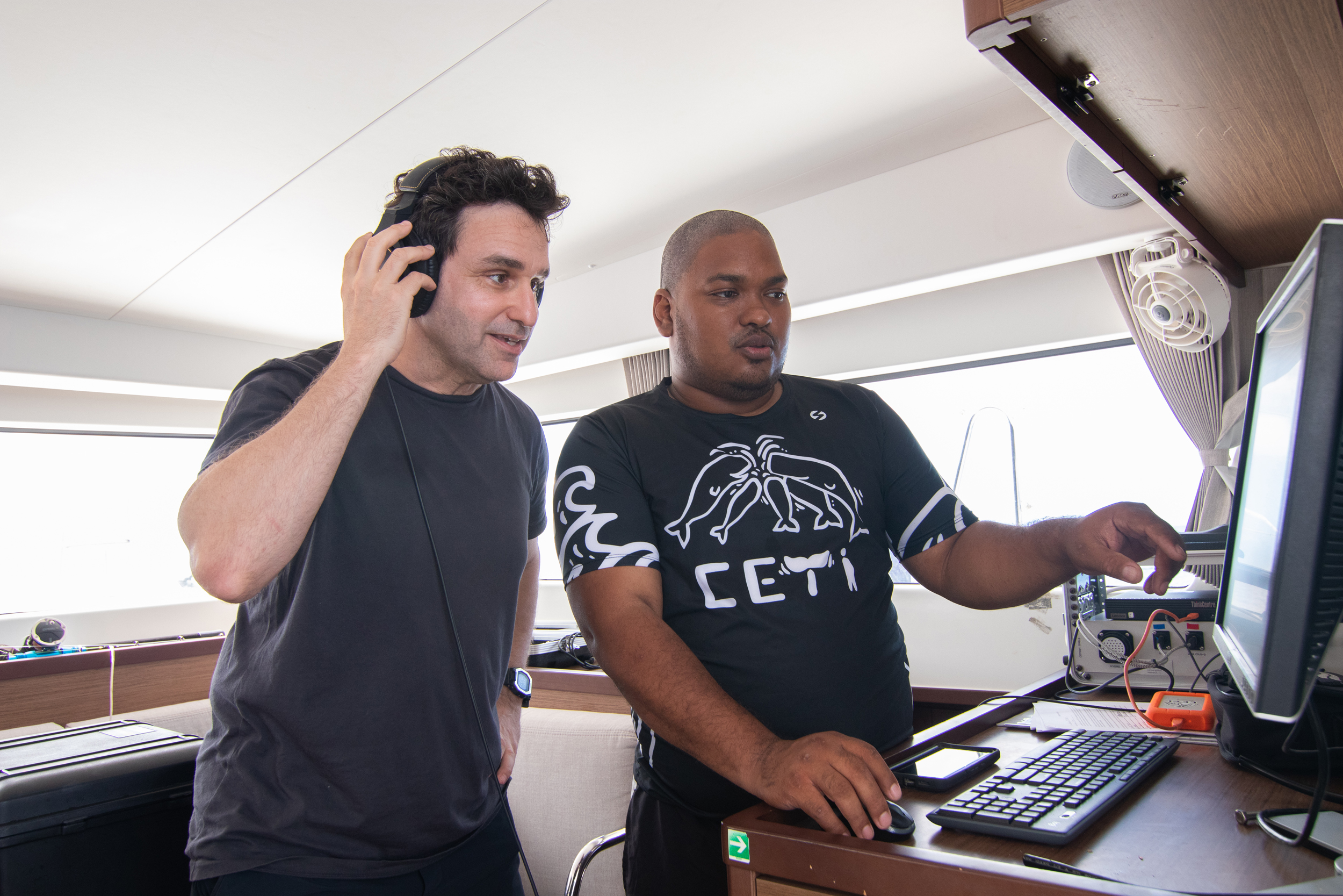CETI founder David Gruber and software engineer Dean Gibbons in Dominica on Jan. 1, 2024. Photo Credit: Michael Lees/National Geographic