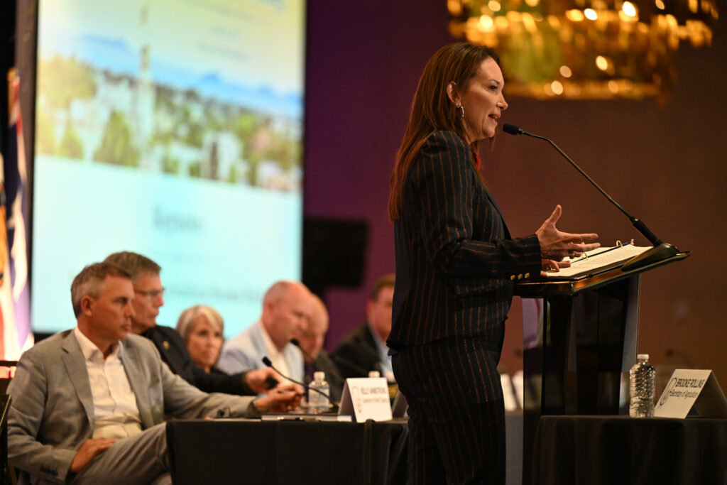 Secretary of Agriculture Brooke Rollins delivers a speech at the Western Governors’ Association annual meeting on June 23. Credit: Ellen Jaskol