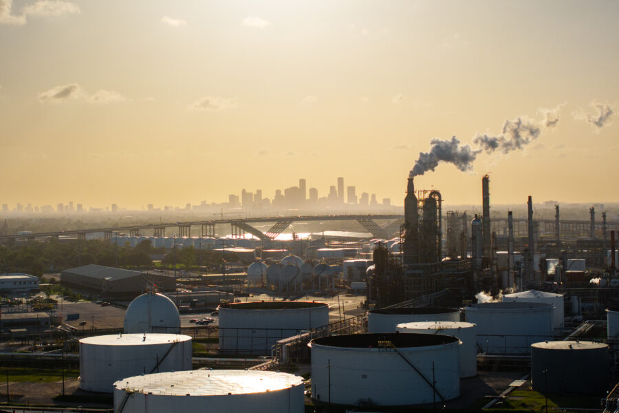 In Houston, the LyondellBasell refinery, with the Houston skyline in the background. Credit: Brandon Bell/Getty Images