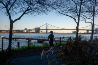 A person walks their doing along the Delaware River in Philadelphia. Credit: Thomas Hengge/Anadolu Agency via Getty Images