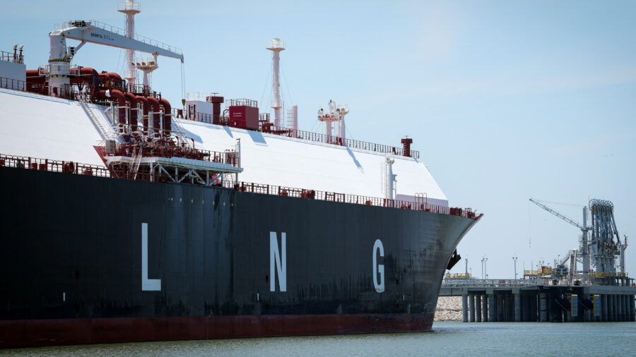 A liquefied natural gas carrier ship sits docked in the Calcasieu River near Cameron, La. Credit: Jon Shapley/Houston Chronicle via Getty Images