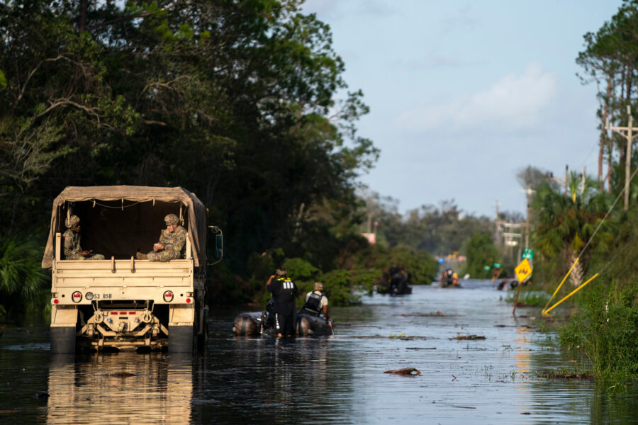 National Guard soldiers search for people stranded by flooding in the aftermath of Hurricane Helene on Sept. 27, 2024, in Steinhatchee, Fla. Credit: Sean Rayford/Getty Images