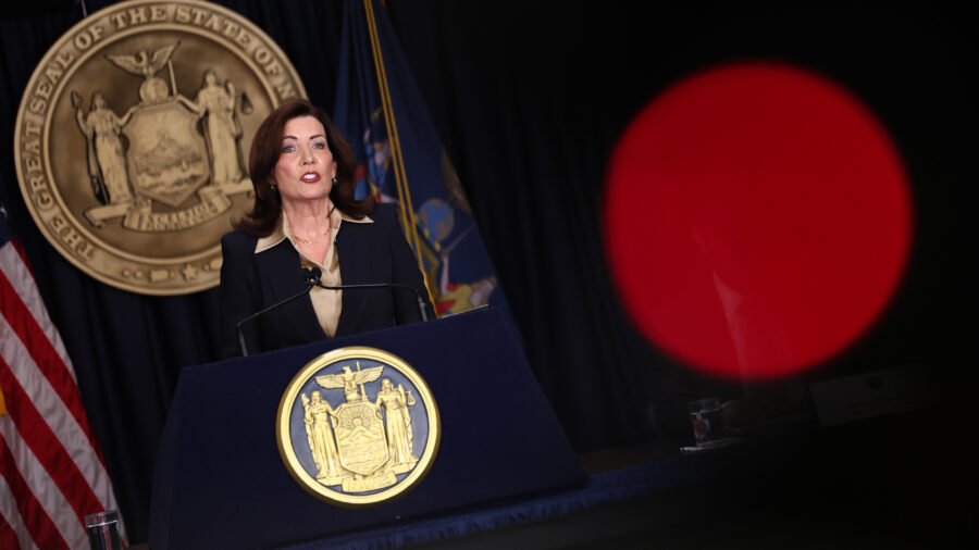 New York Gov. Kathy Hochul speaks during a press conference at her Manhattan office on Feb. 20 in New York City. Credit: Michael M. Santiago/Getty Images