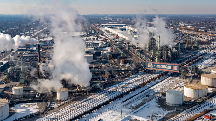 An aerial view of southwest Detroit featuring a Marathon petroleum refinery. Credit: Jim West/UCG/Universal Images Group via Getty Images