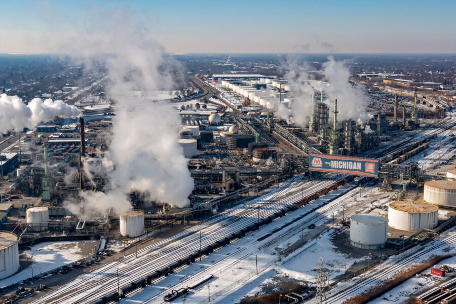 An aerial view of southwest Detroit featuring a Marathon petroleum refinery. Credit: Jim West/UCG/Universal Images Group via Getty Images
