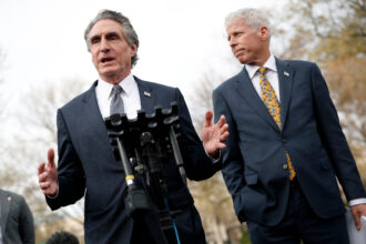 Interior Secretary Doug Burgum (left) and Energy Secretary Chris Wright deliver remarks outside the White House on March 19 in Washington, D.C. Credit: Kevin Dietsch/Getty Images