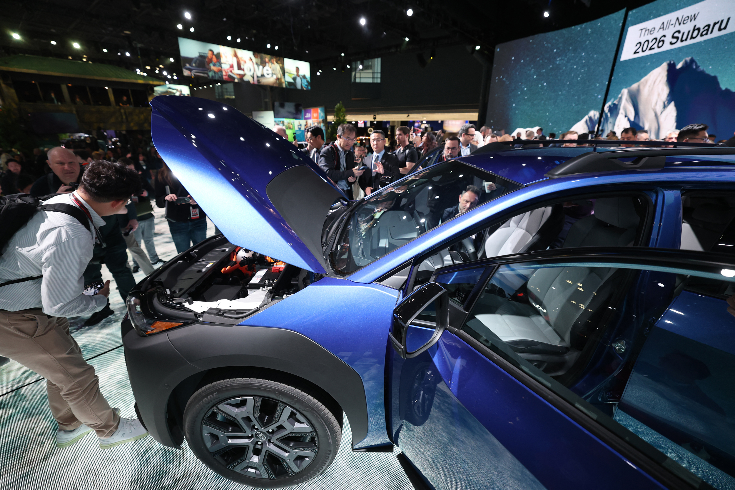 Guests look at the 2026 Subaru Trailseeker after it was unveiled during a press preview at the New York International Auto Show in New York City on April 16. Credit: Timothy A. Clary/AFP via Getty Images