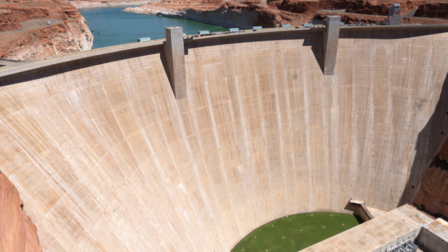 The Colorado River flows up to Glen Canyon Dam as Lake Powell sits at a third of its capacity on July 10 in Page, Ariz. Credit: Rebecca Noble/Getty Images