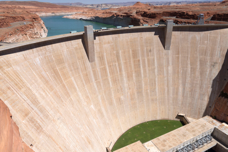 The Colorado River flows up to Glen Canyon Dam as Lake Powell sits at a third of its capacity on July 10 in Page, Ariz. Credit: Rebecca Noble/Getty Images