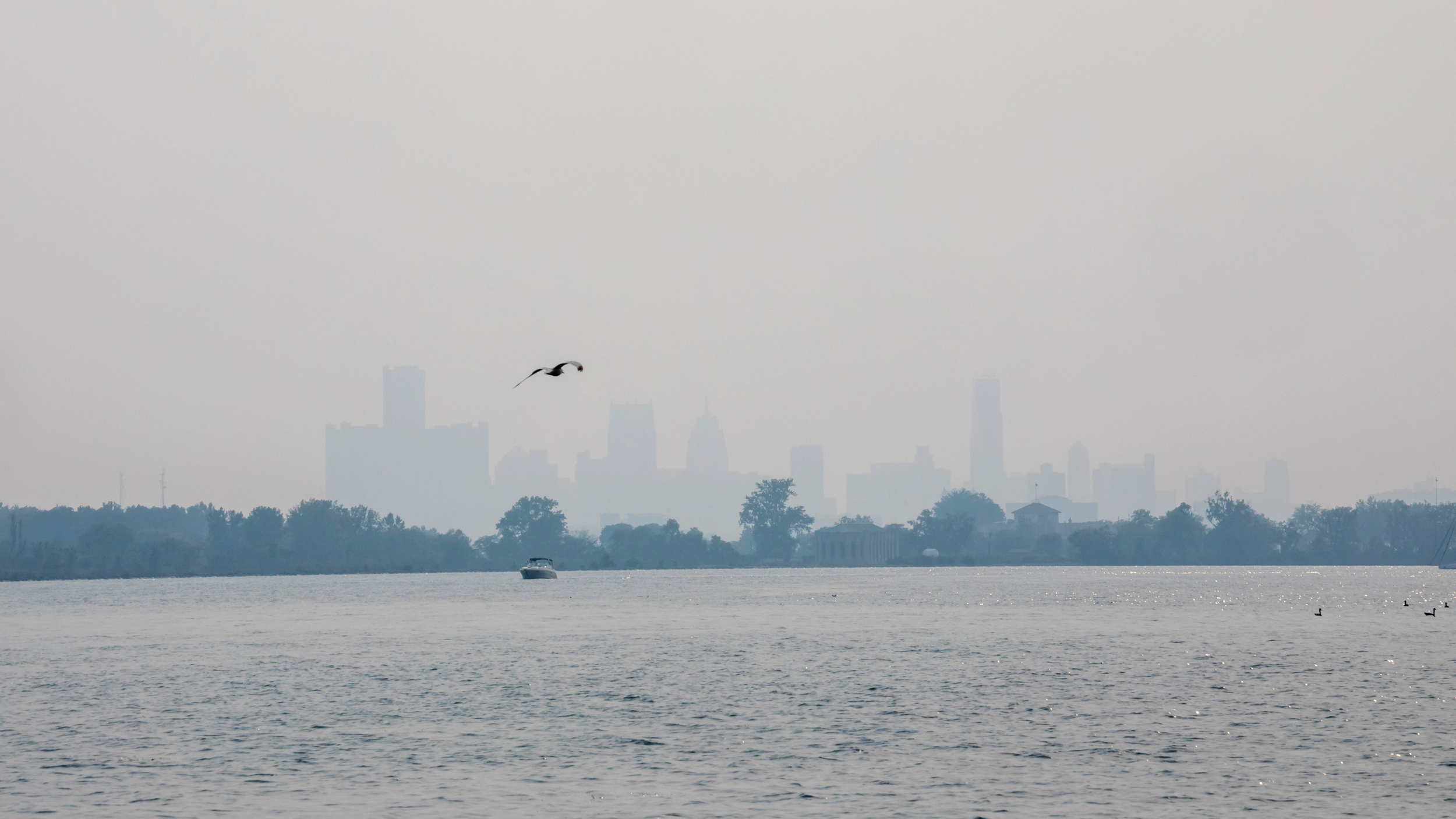 Smoke from Canadian wildfires covers the downtown Detroit skyline on August 4. Credit: Jim West/UCG/Universal Images Group via Getty Images