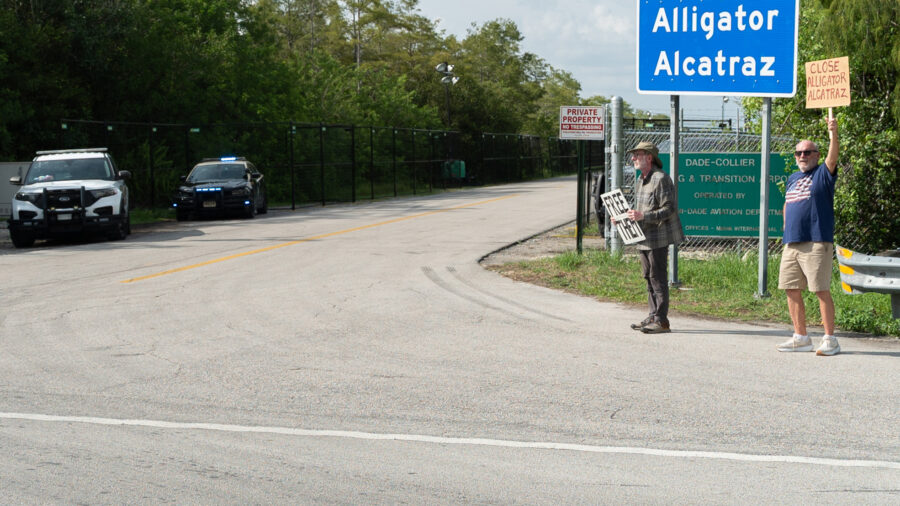 People protest against Florida’s Alligator Alcatraz at the entrance to the detention center in the Everglades on Aug. 24. Credit: Jesus Olarte/Anadolu via Getty Images