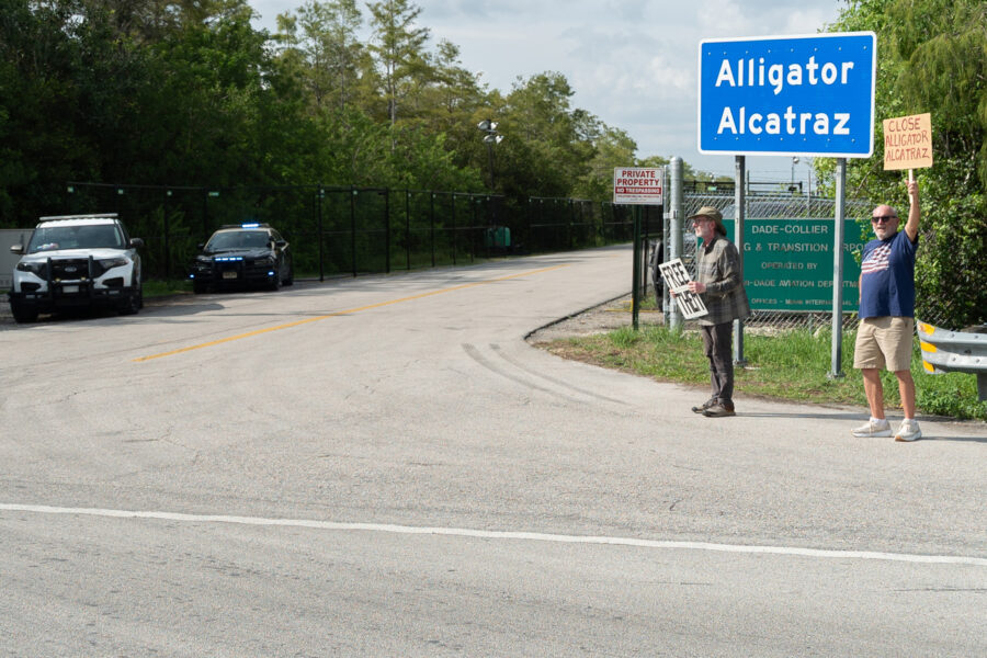 People protest against Florida’s Alligator Alcatraz at the entrance to the detention center in the Everglades on Aug. 24. Credit: Jesus Olarte/Anadolu via Getty Images