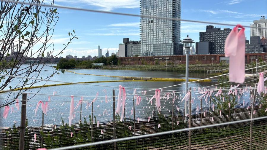 A view from a new area of Brooklyn’s Bushwick Inlet Park. Across the inlet, the brown MTA facility marks where property firm Gotham Organization wants to build apartments. Credit: Lauren Dalban/Inside Climate News